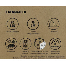 Produktfunktioner: 80 lysdioder, 70 cm längd, lämplig för utomhusbruk, sol- och batteridriven, timerfunktion, 8 belysningsfunktioner