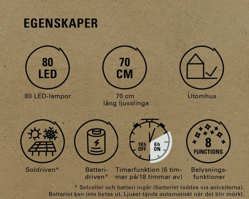 Produktfunktioner: 80 lysdioder, 70 cm längd, lämplig för utomhusbruk, sol- och batteridriven, timerfunktion, 8 belysningsfunktioner