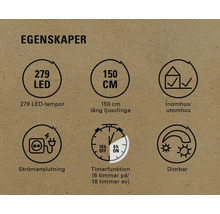 Egenskaper: 279 LED-lampor, 150 cm lång ljusslinga, inomhus och utomhus, strömanslutning, timerfunktion, dimbar