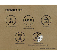 Egenskaper: 10 lysdioder, 1,35 meters längd, för inomhusbruk, batteridriven, timerfunktion
