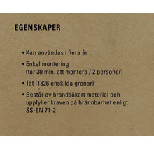 Egenskaper: Kan användas i flera år, enkel montering, tät struktur, brandsäkert material uppfyller SS-EN 71-2.