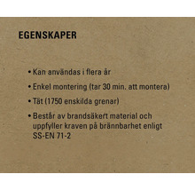 Egenskaper: Kan användas i flera år, enkel montering på 30 minuter, 1750 grenar, består av brandsäkert material och uppfyller kraven för brännbarhet enligt SS-EN 71-2