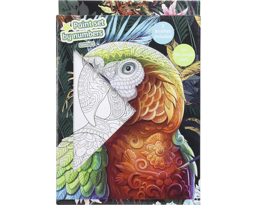 Måla efter nummer set med papegojamotiv, inklusive tre penslar och tolv akrylfärger.