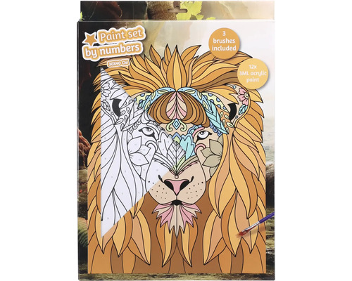 Måla efter nummer-set med lejonmotiv, inklusive tre penslar och tolv akrylfärger