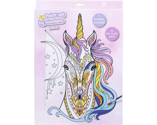 Måla efter nummer set Enhörning med tre penslar och tolv akrylfärger