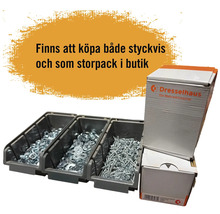 Hyllinsatser med brickor och skruvar samt produktförpackningar från Dresselhaus