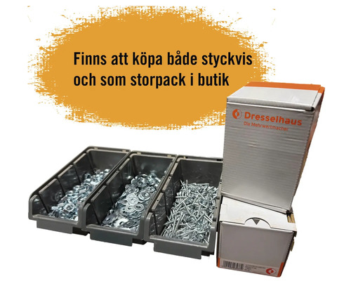 Hyllinsatser med brickor och skruvar samt produktförpackningar från Dresselhaus