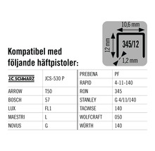 Information om kompatibilitet mellan klammer och olika häftpistoler samt en schematisk bild av klammerns dimensioner