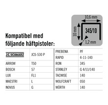 Information om kompatibiliteten hos klamrar med olika häftapparater och detaljer om måtten.