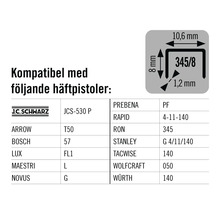 Information om kompatibilitet med olika häftapparater och modeller, samt mått på häftklamrarna.