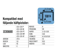 Information om kompatibilitet mellan klammer och olika häftpistoler samt klammerstorlekar
