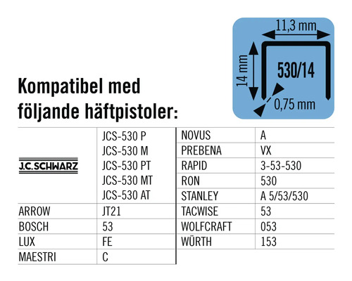 Information om kompatibilitet mellan klammer och olika häftpistoler samt klammerstorlekar