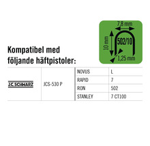 Information om kompatibilitet med olika häftpistoler och detaljer om klammernas dimensioner.