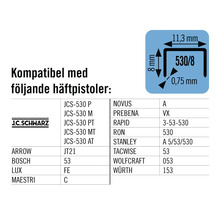 Information om kompatibilitet mellan häftklamrar och olika häftpistoler samt storleksinformation