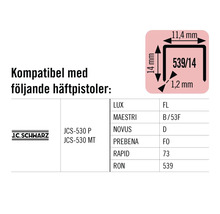 Kompatibilitetstabell för J.C. Schwarz JCS-530 P och JCS-530 MT häftapparater med information om klamrar