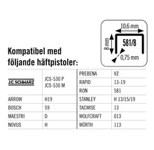 Information om kompatibilitet mellan klammer och olika häftpistoler samt mått.