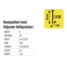 Information om kompatibilitet mellan häftpistoler och klammer med storleksinformation.