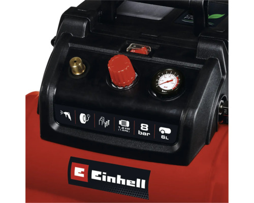 Detaljvy av en Einhell-kompressor med tryckmätare och kontrollpanel