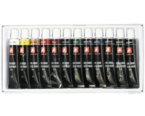 Set med tolv tuber akrylfärg