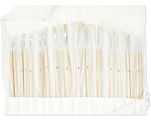 Penselset med olika storlekar i en tygväska