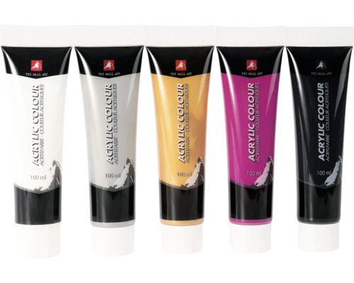 Fem tuber akrylfärg med 100 ml vardera