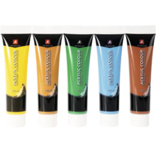 Fem tuber akrylfärg, vardera med en volym på 100 ml