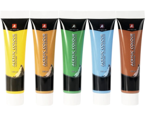 Fem tuber akrylfärg, vardera med en volym på 100 ml