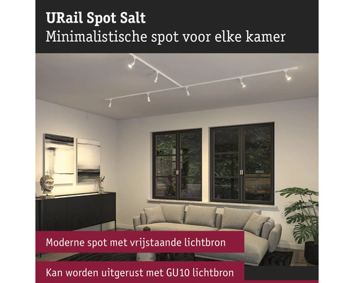 URail Spot Salt skensystem med flera spotlights i vardagsrummet