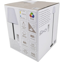 Förpackning för en LED-solcellsdriven utomhuslampa med tekniska detaljer som varmvitt ljus, 3000 Kelvin, RGB-färgläge, flimmereffekt, skyddsklass IP44, inklusive USB Type C-laddningsport och 300 lumen ljusstyrka