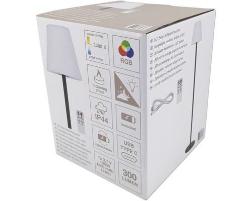 Förpackning för en LED-solcellsdriven utomhuslampa med tekniska detaljer som varmvitt ljus, 3000 Kelvin, RGB-färgläge, flimmereffekt, skyddsklass IP44, inklusive USB Type C-laddningsport och 300 lumen ljusstyrka
