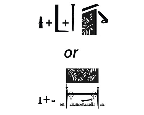 Instruktioner för montering av en trädgårdsskärm med två olika fästmetoder.