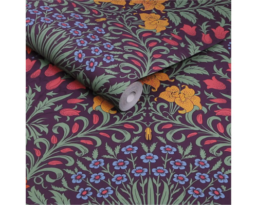 Tapet med blommönster i lila, gult och grönt