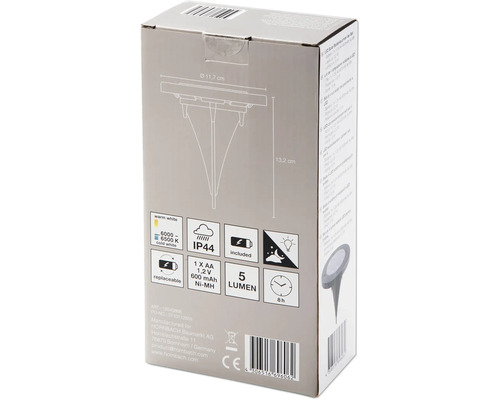 Förpackning av en LED-solmarkspotlight med diameter och annan produktinformation