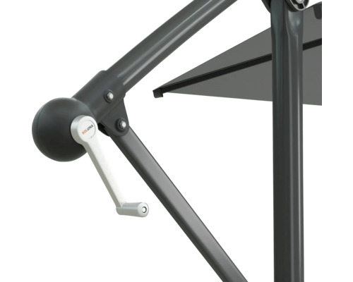 Detaljvy av ett parasoll med vevmekanism och Soluna-logotyp