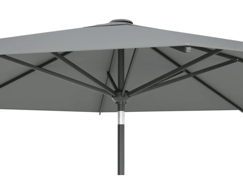 Detaljvy av ett öppet grått parasoll med metallram