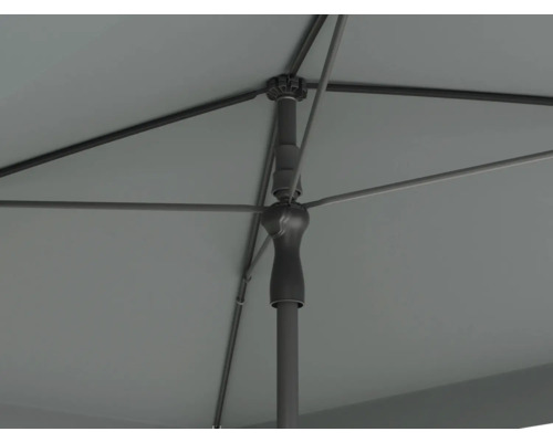 Detaljvy från undersidan av ett parasoll med ribbor och stång