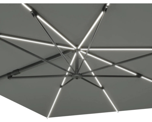 Detaljbild av ett parasoll med integrerad belysning