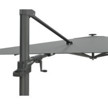 Detaljvy av ett parasoll med vevmekanism och Soluna logotyp