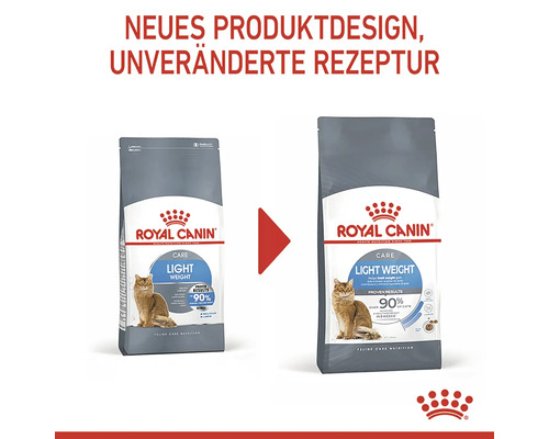 Två förpackningar Royal Canin Light Weight kattmat i jämförelse: ny produktdesign, oförändrat recept