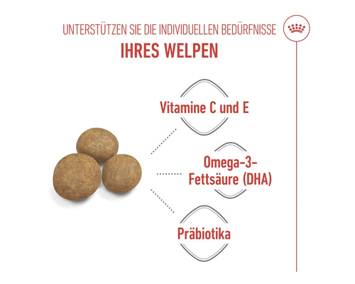 Tre foderbitar med information om vitaminer, omega 3 fettsyror och prebiotika för valpar