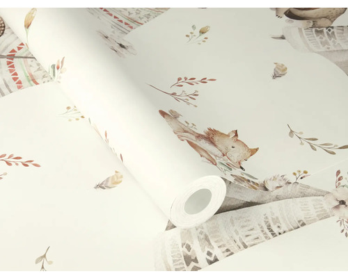 Tapetrulle med räv-, fjäder- och bladmönster