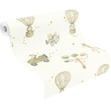 Tapetrulle med djurmotiv som luftballonger, flygplan och jeepar