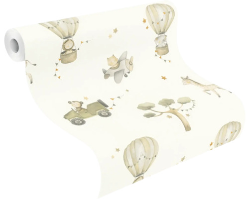 Tapetrulle med djurmotiv som luftballonger, flygplan och jeepar