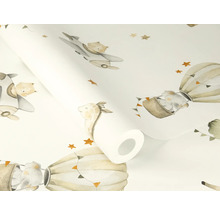 Tapetrulle med djurmotiv som elefanter, giraffer, björnar och flygplan för barnrum