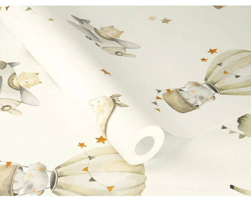 Tapetrulle med djurmotiv som elefanter, giraffer, björnar och flygplan för barnrum