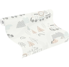 Tapetrulle med barnsligt mönster av tåg, berg och träd