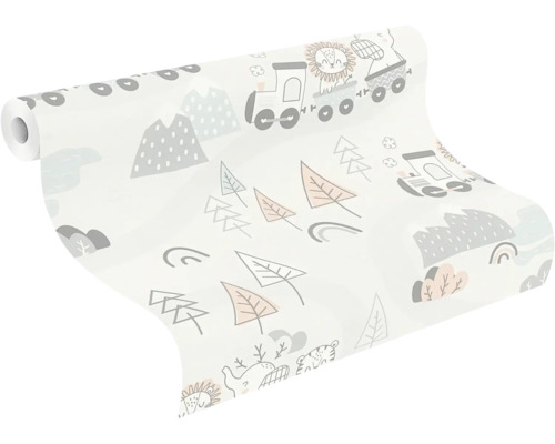 Tapetrulle med barnsligt mönster av tåg, berg och träd