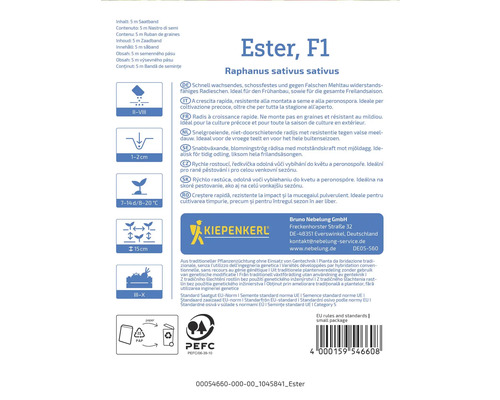 Ester F1 rädisfröpaket med information om sådd, tillväxt och skörd