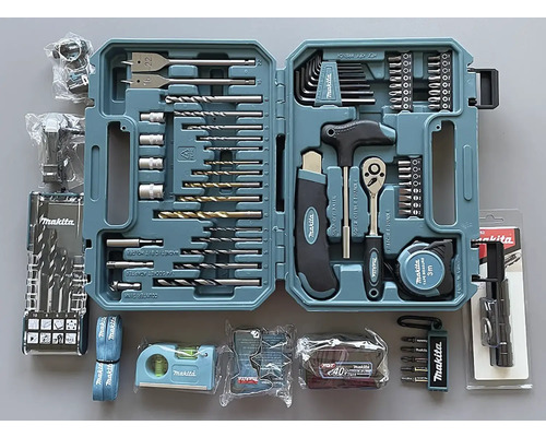 Makita verktygslåda med diverse verktyg som borrar, skiftnycklar, kniv, skruvmejslar och måttband