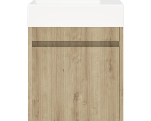 Tvättställsskåp med trädekor och tvättställ